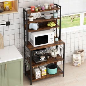 Scaffale per Forno a Microonde a 6 Ripiani Marrone Retrò con 10 Ganci a S, 80x40x170cm, in Truciolato Melaminico, per Organizzazione Cucina - Product Image 3