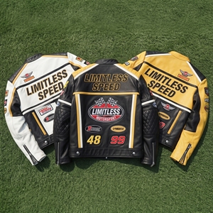 Veste de moto en cuir véritable style motard avec motifs de patchs, coupe-vent, veste en cuir de motard unisexe, manteau en cuir de moto - Product Image 2