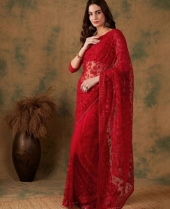 KV Embroidered, Embellished Bollywood Net <b>Saree</b> (<b>Red</b>) - Product Image 5