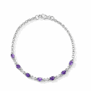 Bracelet à maillons croisés en argent sterling 925 avec pierre ovale en améthyste et sept pierres, plaqué or et rhodium - Product Image 4