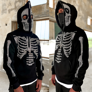 Solid Winter <b>Skeleton</b> Rhinestone <b>Full</b> Face Zip Hoodie with Eyes Holes in Cotton Fleece Customized Logo Breathable Street Wear - Product Image 3