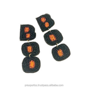 Pendientes de Aro con Cuentas Heart Boo, Plateados, Estilo Étnico, Joyería de Halloween, Cuentas de Colores Negro y Naranja, Unisex, para Fiestas de Disfraces - Product Image 3