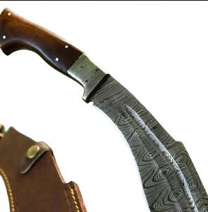 Cuchillo utilitario de hoja fija de acero de Damasco curvado hacia adentro, hecho a mano, personalizado, OEM, con mango de palisandro natural figurado y bolster de acero. - Product Image 4