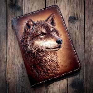 Wolf Face Carved Border Stitched Hand Tooled 100% Genuine Leather Material Brown Color Card <b>Holder</b> Bi-Fold <b>Wallet</b> Button Closure - Product Image 1
