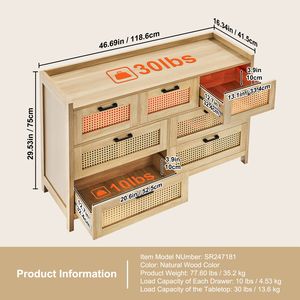 Cassettiera Moderna Stile Fattoria a 7 Cassetti in Legno Naturale e Rattan con Luce LED, Organizer per Vestiti Boho Chic - Product Image 2