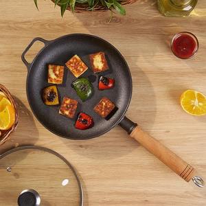 Poêle à frire en fonte antiadhésive avec manche en bois, compatible induction, ustensile de cuisine - Product Image 1