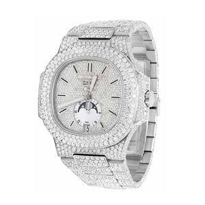 Montre à quartz en acier inoxydable style hip-hop, sertie de moissanite et de diamants VVS, bracelet de 20 mm, verre traité - Product Image 1