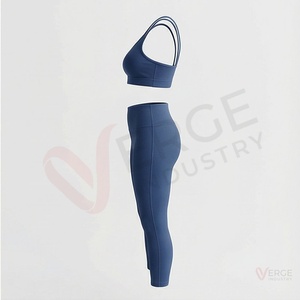 <b>Women</b> <b>Navy</b> Blue 2 Piece Yoga Set Double Strap Scoop Neck Crop Top High Waist Full Length <b>Leggings</b> - Product Image 3