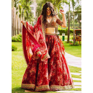 Beautiful Maroon Floral Printed Organza Wedding Lehenga Choli - Product Image 1