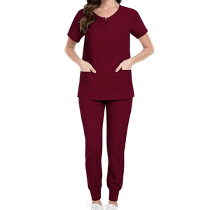 Women Maroon <b>Scrub</b> Set Short Sleeve Top And Jogger Pants Hospital Uniforms Cotton Polyester Woven Fabric - Product Image 1