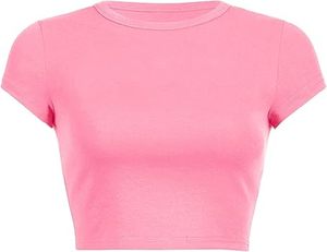 Camiseta Corta de Punto Estampada Ajustada Rosa Sólida para Mujer, Manga Corta, Cuello Redondo, Acanalada, Casual, Estilo Urbano, Transpirable, Fruncida, 180g - Product Image 1