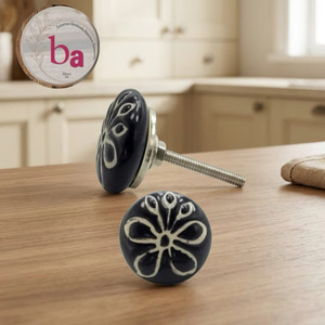 Ba <b>Ceramic</b> Cabinet <b>Knobs</b> Round Modern Black White Floral Design Durable Eco-Friendly Easy Installation Kitchen Drawer Hardware - Product Image 1
