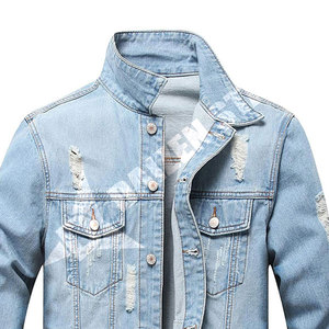 Men's <b>Light</b> Blue Denim Jacket Regular Fit Distressed Ripped Solid Button Closure Casual Style Winter 100% Cotton Windproof - Product Image 3