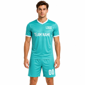 Men's <b>Light</b> Blue Soccer Jersey Set V-<b>Neck</b> Short Sleeve Football Uniform Custom Team Name Logo Quick Dry - Product Image 2