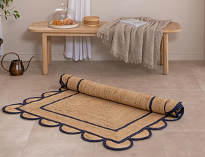 Natural Braided Jute <b>Rug</b> Navy Blue Border Scalloped Carpet <b>Boho</b> Coastal Area <b>Rug</b> for Home Décor - Product Image 2