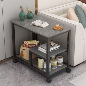 Petite table basse moderne en faux marbre blanc avec rangement asymétrique et roulettes - Product Image 2