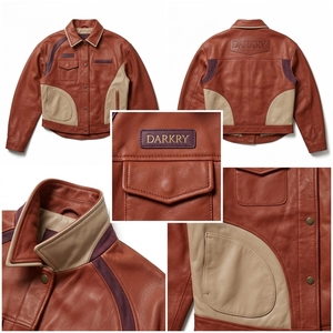 Veste en cuir véritable pour femme, style camionneur, couleur bloc crème cognac rouille, panneau incurvé, boutons-pression, col pointu, manteau streetwear élégant - Product Image 6