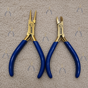 Professional Jewelry Making Round Nose Plier and <b>Side</b> <b>Cutter</b> Plier Set Dark Blue Handle Gold Finish Precision Hand Tools - Product Image 1