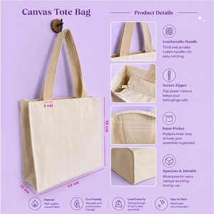 Eco-Friendly Custom <b>Large</b> Cotton <b>Canvas</b> Tote <b>Bag</b> with Zipper Closure Reusable Shoulder Handle for Daily Use Supermarket Shopping - Product Image 2