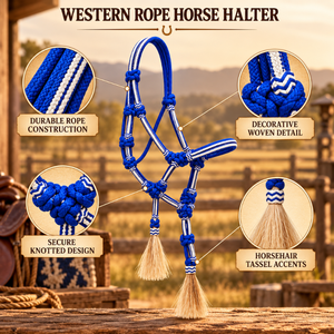 Harnais de cheval bleu Western avec franges |   Têtière équestre tressée et nouée pour l'entraînement, l'écurie et le ranch - Product Image 5