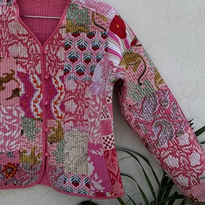 Pink Quilted Jacket Women's Full Sleeve V-Neck Printed <b>Cardigan</b> Spring Outerwear Full Sleeve Eco Friendly Outerwear - Product Image 6