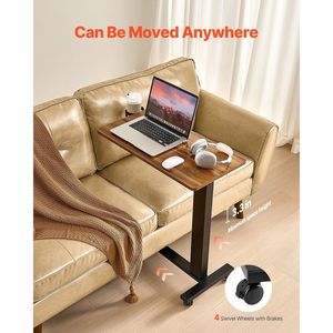 Electric Lift Overbed Table with 4 Wheels Mobile Bed Side Laptop <b>Desk</b> Cup Holder Computer <b>Desks</b> Upgrade Button - Product Image 5