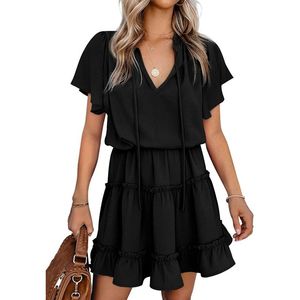 Vestido Mini Casual de Verano para Mujer, Corte A, Fluido, Negro, de Chifón, con Cuello en V y Mangas Cortas con Volantes - Product Image 2