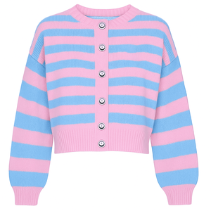 Cardigan en tricot pour femme de qualité supérieure, rose et bleu contrastés, avec logo sur le devant, style décontracté, boutonné, manches longues - Product Image 6