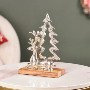 Elevate Your Christmas Decor <b>With</b> This Stunning Silver Reindeer And <b>Tree</b> Figurine Featuring A Natural Wooden Base Accent Perfect - Product Image 2