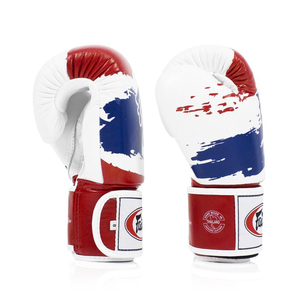 Nouveaux gants de boxe Fairtex personnalisés pour la compétition, Muay Thai, Kickboxing, rouge, blanc, bleu, fermeture à sangle au poignet, cuir véritable, adultes - Product Image 3