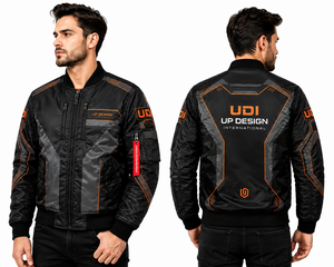 Blouson bomber noir et orange pour homme, coupe-vent personnalisé avec poches zippées, poignets côtelés et design streetwear futuriste - Product Image 4
