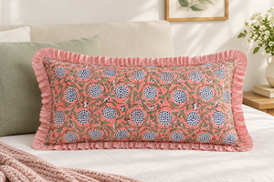 RIDHI Dusty Rose Floral Ruffle Lumbar Pillow <b>Cover</b> Hand Block Print Cotton Customizable Removable <b>Washable</b> <b>Sofa</b> Bed Decor - Product Image 2