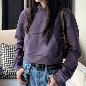 Sweat-shirt court à capuche rétro pour femme, couleur unie, style vintage, en tissu éponge, essentiel pour l'hiver, avec logo personnalisé, vente en gros OEM/ODM - Product Image 1