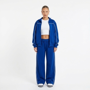 Conjunto Deportivo de 2 Piezas para Mujer, Color Azul, Chaqueta con Cierre Completo y Franja Lateral, Corte Holgado, Estilo Deportivo, para Todas las Temporadas - Product Image 1