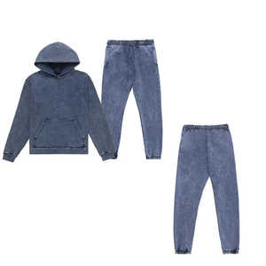 Men's Casual Solid Acid <b>Washed</b> 100% Cotton Eco-Friendly Fleece Lining Tracksuits Sweatpants Hoodie Set - Product Image 3