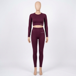 Women Burgundy Ribbed <b>Long</b> <b>Sleeve</b> Crop Top High Waist Leggings Yoga <b>Set</b> <b>Gym</b> Fitness Workout Activewear <b>Set</b> - Product Image 1