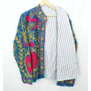 Elegant <b>Woman</b> Suzani Printed Velvet Cotton <b>Jacket</b> with Embroidery Open Stitch Closure Hand Drawn Autumn Standard Outerwear - Product Image 3