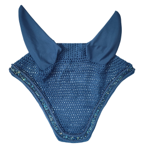 Voile anti-mouches pour cheval bleu en crochet, rembourré, confortable, de haute qualité, avec cache-oreilles assortis, bordure scintillante discrète, fait main, équestre - Product Image 2