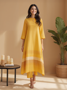 Vestido Maxi Asimétrico Amarillo con Dobladillo a Rayas, Corte Holgado, Manga Tres Cuartos, Ropa Casual de Verano, Tela Viscosa, Hermoso Vestido - Product Image 5