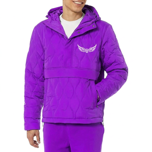 Men's Blue <b>Quilted</b> Hooded Jacket With Embroidered Logo Windproof <b>Winter</b> Casual Outerwear - Product Image 2