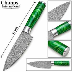 Couteau de chef artisanal en acier Damas avec manche en résine verte |   Lame haute et tranchante à motif Damas goutte de pluie - Product Image 2
