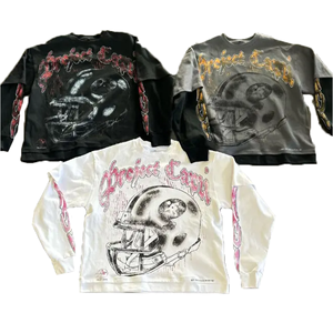 Sudaderas con capucha personalizadas con estampado animal, bordadas, rasgadas, de 250 g/m², manga larga completa, puños con efecto desgastado, lavado ácido, corte holgado y corto - Product Image 1