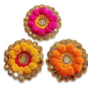 Handmade Round Tea Light Holder with Colorful Pom Pom <b>Flowers</b> and <b>Mirror</b> Accents for Home Decoration - Product Image 6