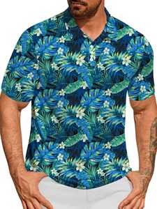 Camisetas polo para hombre con estampado de hojas tropicales cian para exportación global a granel. Fábricas B2B especializadas en ropa deportiva personalizada y con MOQs bajos. - Product Image 1