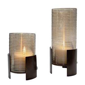 Modern Ribbed <b>Glass</b> <b>Hurricane</b> Set With Bronze Metal Base Elegant Industrial Design For Home Decor & Events Premium Quality - Product Image 1