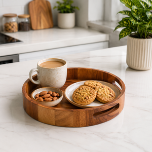 Bandeja Redonda de Madera de Acacia Premium con Asas |   Bandeja de Madera Hecha a Mano para Servir Desayuno, Café y Comida, para el Hogar y Hoteles - Product Image 3