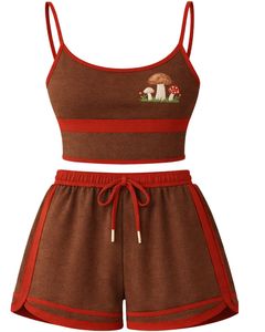 Brown Red Women Camisole And Shorts <b>Set</b> Summer Two Piece Outfit Cotton Blend Crop Top Mushroom Print Drawstring Shorts Casual - Product Image 1