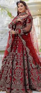 Ensemble Lehenga Choli en velours rouge brodé de perles et de pierres Moti, tenue de mariage, voile en tulle, robe de soirée pour femmes - Product Image 1