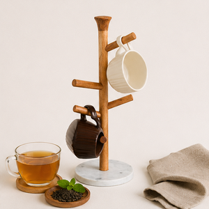 Modern Farmhouse Wooden Mug <b>Rack</b> Tree With Heavy Marble Base Durable Coffee Bar Accessory And Cup Organizer Stand For Home <b>Rack</b> - Product Image 4