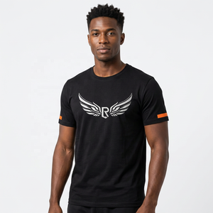 T-shirt noir à manches courtes pour homme avec logo blanc et manches orange, coupe classique, jersey décontracté, tricoté, respirant - Product Image 3